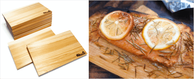 板ごと焼くだけで燻製のような香り高いBBQが楽しめる、Newieの「MIYAMA WOOD PLANK」